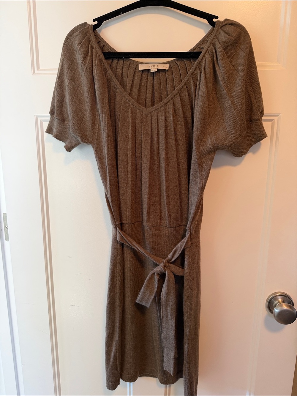 LOFT Taupe Brown Knit V-Neck Midi Dress with Self Tie Belt